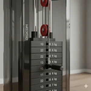 Close up illustration of a heavy weight stack on the best all in one home gym for strength training.