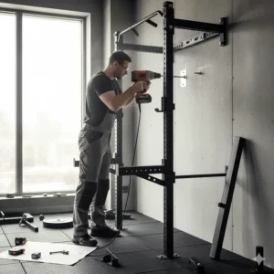 A professional installer drilling into studs to safely and securely mount the main frame of the wall mounted fitness equipment.