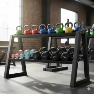 A specialized two-tier kettlebell and dumbbell storage rack holding various sizes of free weights in a commercial facility.