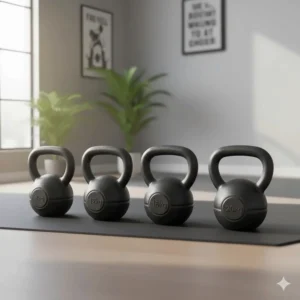 A set of cast iron kettlebells in various sizes for functional strength training at home.