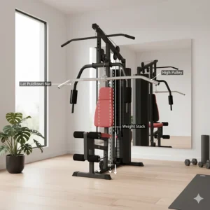 Close-up illustration of the lat pulldown bar and high pulley station on a home gym weight machine.