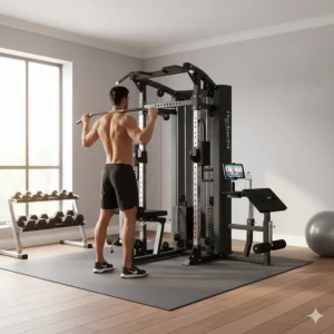Person performing a lat pulldown exercise using an all in one home gym cable system.