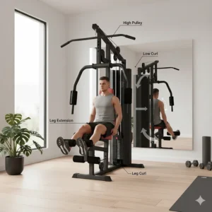 Illustration of the leg extension and leg curl attachment on a multi-functional home gym weight machine.
