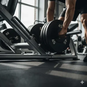 Weight plates being loaded onto the sleeves of a plate loaded fitness machine, demonstrating its variable resistance capability.