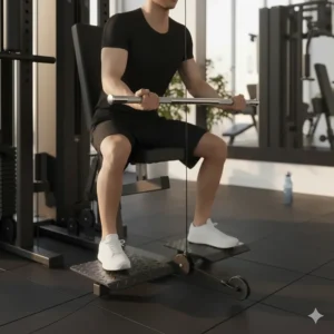 Illustration of the low pulley station and footplate on a multi station home gym for seated rows and bicep curls.