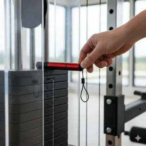 Close-up of a magnetic selector pin being inserted into a weight stack for quick resistance changes.