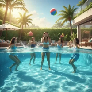 People playing the classic "Marco Polo" game in a large swimming pool, one of the most popular pool party games.