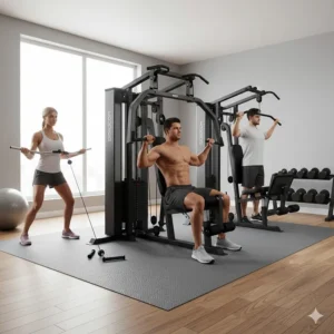 Illustration showing the various workout stations available on the best all in one home gym for total body fitness.