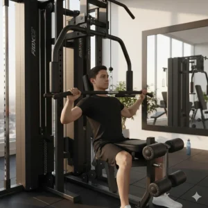 Dual-function press arms on a multi station home gym configured for chest press and pec fly exercises.