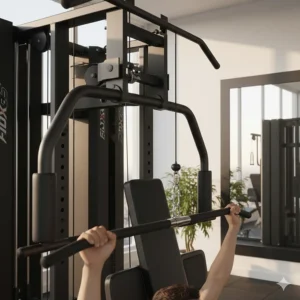 Close-up illustration of the lat pulldown attachment on a multi station home gym for back muscle exercises.