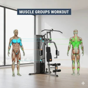 Illustration of a human figure highlighting muscle groups targeted when using a weight stack home gym.