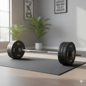 An Olympic barbell with rubber bumper plates, perfect for heavy free weight lifting in a garage gym.