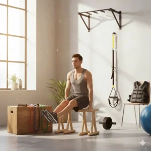 Athlete maintaining an L-sit position, utilizing parallettes (mini dip bars), which is essential bodyweight fitness equipment for handstands and pressing movements.