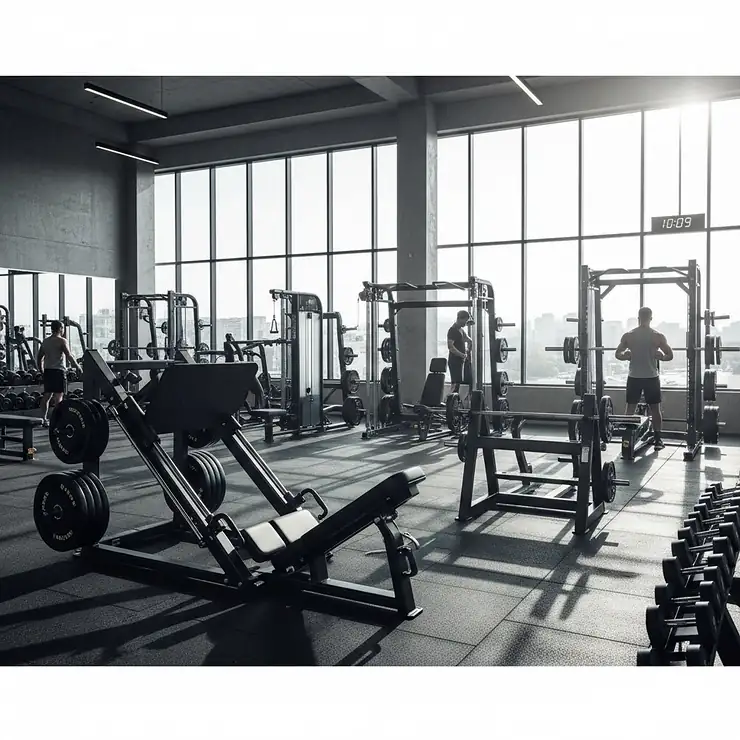 Durable plate loaded fitness equipment in a gym, including leg press and chest press machines, designed for strength training and heavy lifting.
