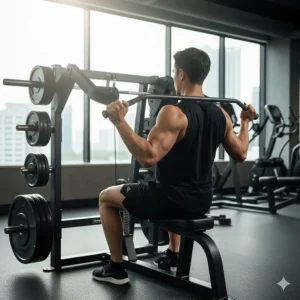 Seated plate loaded row machine illustrating the proper grip for back muscle development and posterior chain strengthening.