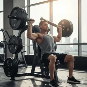 An overhead plate loaded shoulder press machine with an ergonomic design for targeted deltoid muscle isolation and strength building.