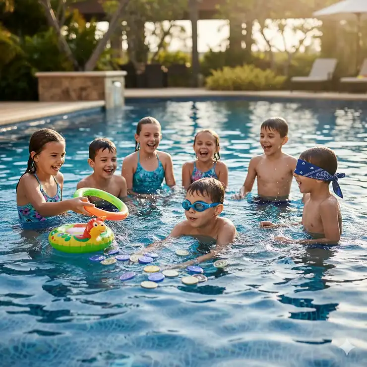 A group of laughing children playing a fun swimming pool game, wearing goggles, perfectly illustrating engaging swimming pool games for kids on a sunny day.