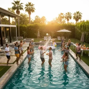 A group of friends laughing and splashing during a lively pool party game, perfect for inspiring fun summer activities.