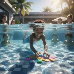 A child diving to retrieve weighted "treasure" from the shallow end, an exciting pool party game for younger kids.