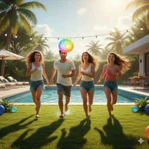 A team running a relay race while balancing a water balloon, demonstrating a great non-swimming pool party game.