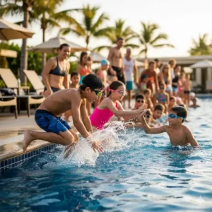 A visual demonstrating a swimming relay race with a child kicking off the wall, using a simple pool game structure to encourage swimming skills.