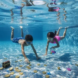 Diagram showing children diving down to retrieve weighted objects from the bottom of the pool for an exciting "treasure hunt" pool game.