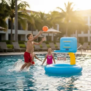 A close-up graphic showing an inflatable basketball hoop floating in the pool, used for a fun and easy water basketball game for all ages.