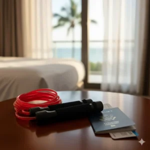 An adjustable, portable jump rope with weighted handles resting next to a passport, emphasizing its small footprint for efficient travel workouts.