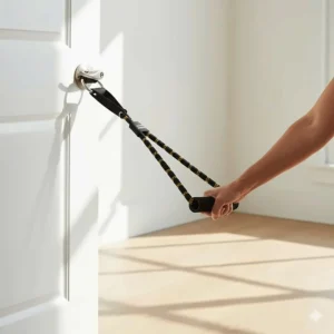 High-tension resistance bands with a door anchor attachment, a lightweight alternative to bulky compact home gym equipment.