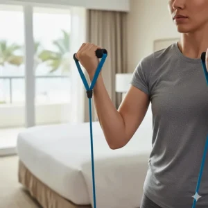 Close-up of a person performing a bicep curl using a set of lightweight resistance bands, demonstrating their effectiveness as essential travel fitness equipment.