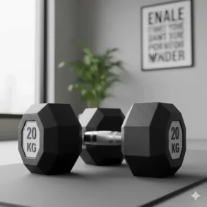 Close-up of rubber-coated hex dumbbells, a durable free weight option for protecting home gym floors.