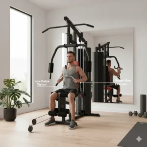 Illustration of a user performing a seated row using the low pulley system of a home gym weight machine.
