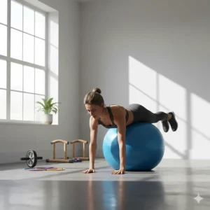 A blue stability ball, helpful bodyweight fitness equipment for improving balance and engaging the core muscles during exercises.