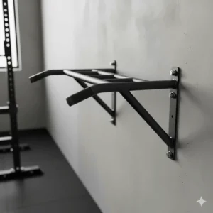 Close-up of a sturdy, multi-grip wall mounted pull-up bar securely bolted into a concrete wall for at-home upper body training.