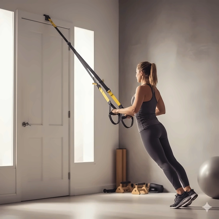 Woman performing a suspended bodyweight row using a suspension trainer, a portable piece of bodyweight fitness equipment.