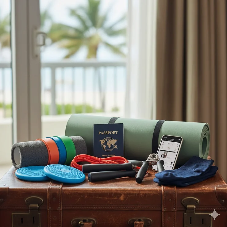 A collection of compact, portable travel fitness equipment, including resistance bands, a jump rope, and a travel yoga mat, neatly packed for a carry-on bag, illustrating how to maintain fitness while traveling.