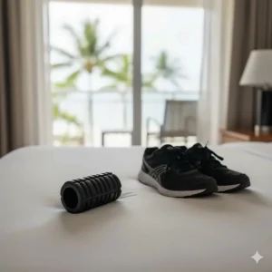 A small, mini travel foam roller sitting on a bed next to a pair of running shoes, perfect for muscle recovery while on the go.