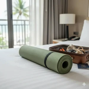 A thin, foldable travel yoga mat rolled up and secured with a strap, highlighting its compact size for easy packing in a gym bag or suitcase.