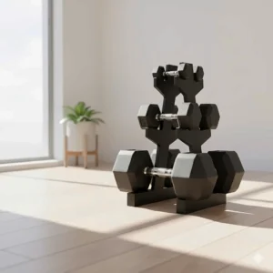 A vertical A-frame dumbbell rack designed to minimize the footprint of strength training gear.
