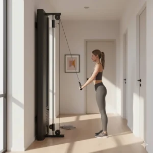 A sleek, wall-mounted cable resistance machine used for full-body strength training in a narrow hallway.