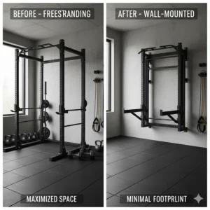 Visual comparison showing the dramatic space-saving benefit of wall mounted fitness equipment versus a large, freestanding unit.