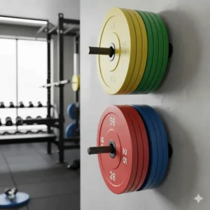 Example of compact wall mounted storage pegs designed to organize and store Olympic weight plates off the floor of a home gym.