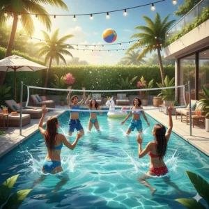 Two teams playing water volleyball, an energetic classic pool party game for all ages.