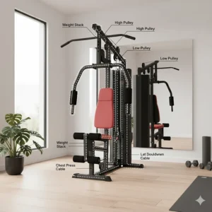 A detailed diagram of a home gym weight machine pulley system and cable routing for smooth resistance.