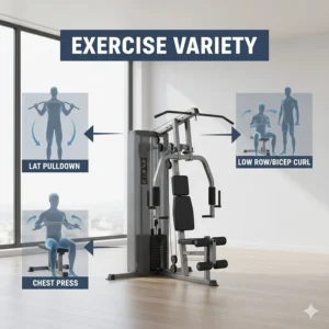 A graphic showing various exercises possible on a weight stack machine, including lat pulldowns and chest presses.