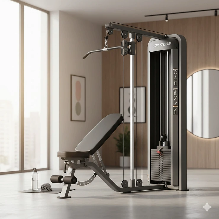 A modern premium weight stack home gym machine with adjustable pulleys and bench in a bright room.