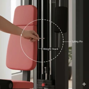 Illustration showing how to safely adjust the weight stack pin on a selectorized home gym weight machine.