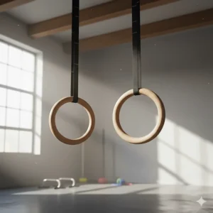 Durable wooden gymnastic rings hanging, used as advanced bodyweight fitness equipment for dips, muscle-ups, and core exercises.