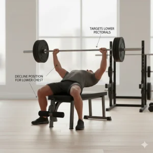 Graphic showing a lifter on an adjustable bench in the decline position for lower chest training.