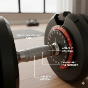 Illustration of a knurled, ergonomic handle designed for a secure grip during home strength training.
